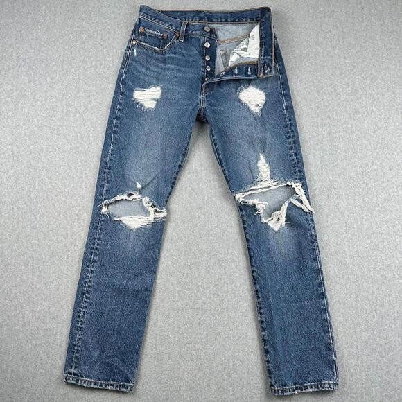 Levi 501 Jeans Button Fly Women's 28x30 Blue Denim Distressed Ripped Medium Wash - Picture 1 of 9